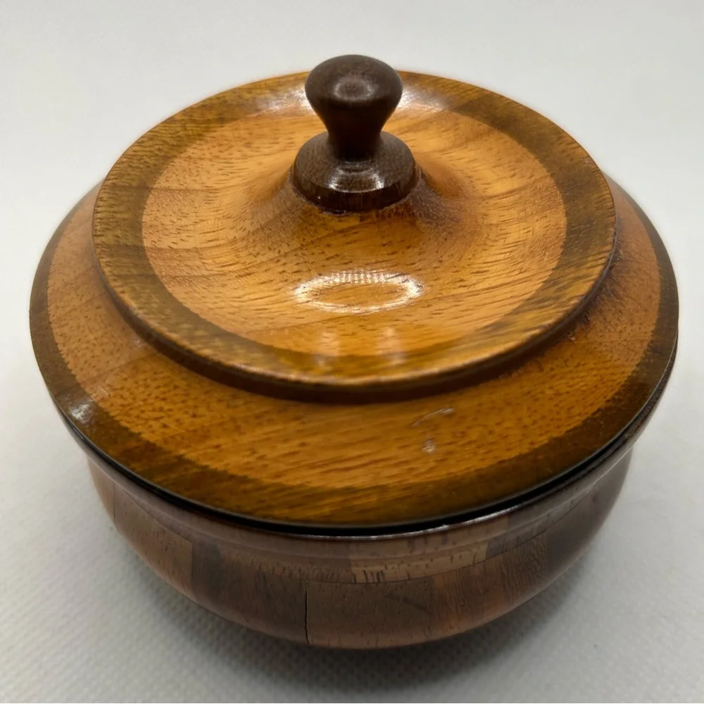 Wooden Lidded Bowl Handturned Marquetry Made in Honduras Small Trinket Dish